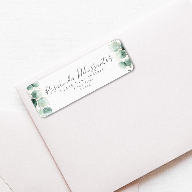 Vattenfärg Eucalyptus Greenery Guld Foliage Returadress Etikett (Watercolor Eucalyptus Greenery Gold Foliage Label)