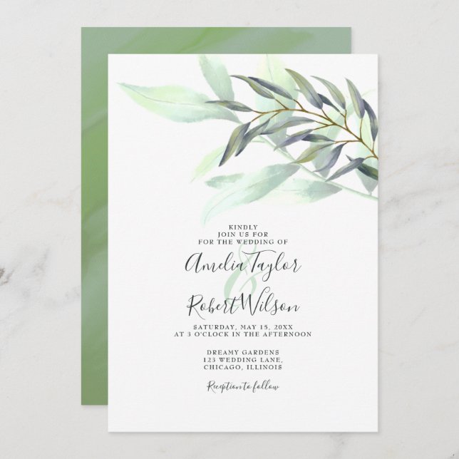 Vattenfärg Eucalyptus Greenery Inbjudningar (Fram/baksida)