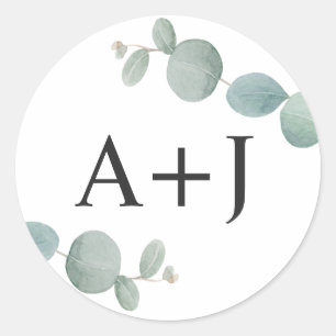 Vattenfärg Eucalyptus Greenery med Initialer Runt Klistermärke