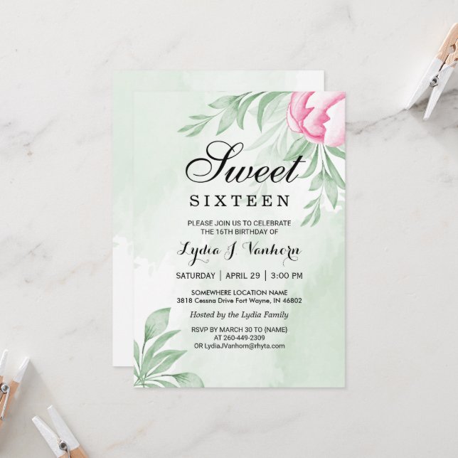 Vattenfärg Eucalyptus Lövs Sweet 16 Birthday Inbjudningar (Fram/Back In Situ)