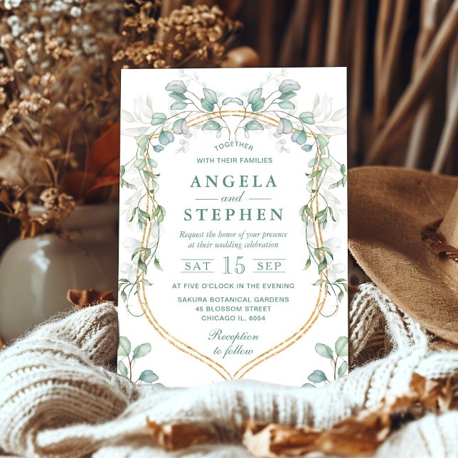 Vattenfärg Eucalyptus och Guld Ram Bröllop Inbjudningar (Skapare uppladdad)