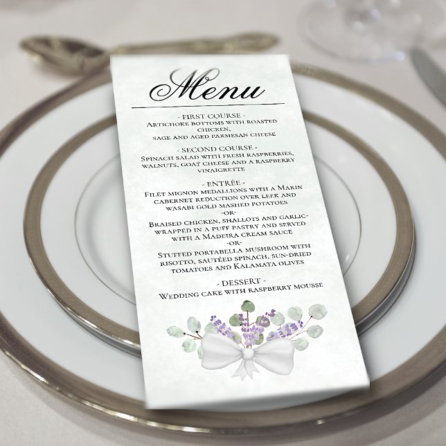 Vattenfärg Eucalyptus och Lavender Elegant bröllop Meny (In Situ on Plate)