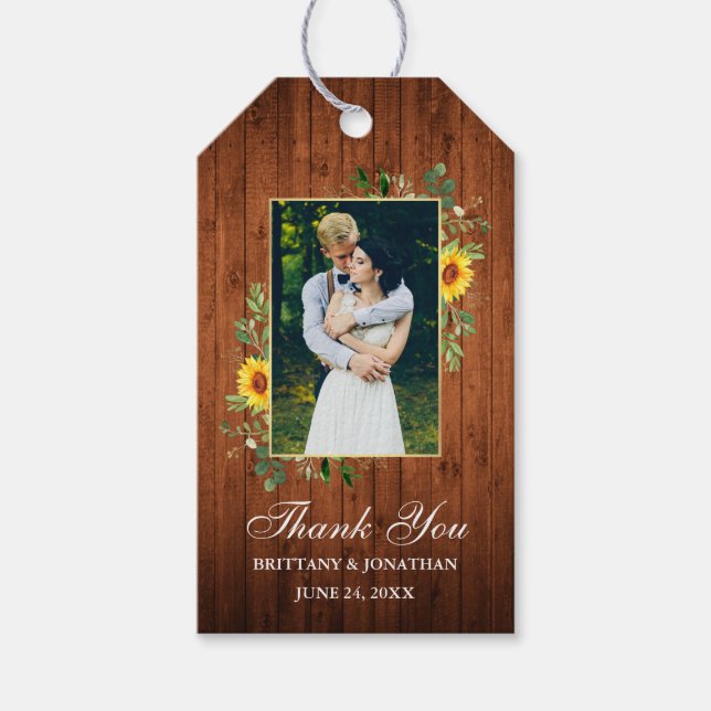 Vattenfärg Eucalyptus Solros Wood Bröllop Presentetikett (Framsidan)