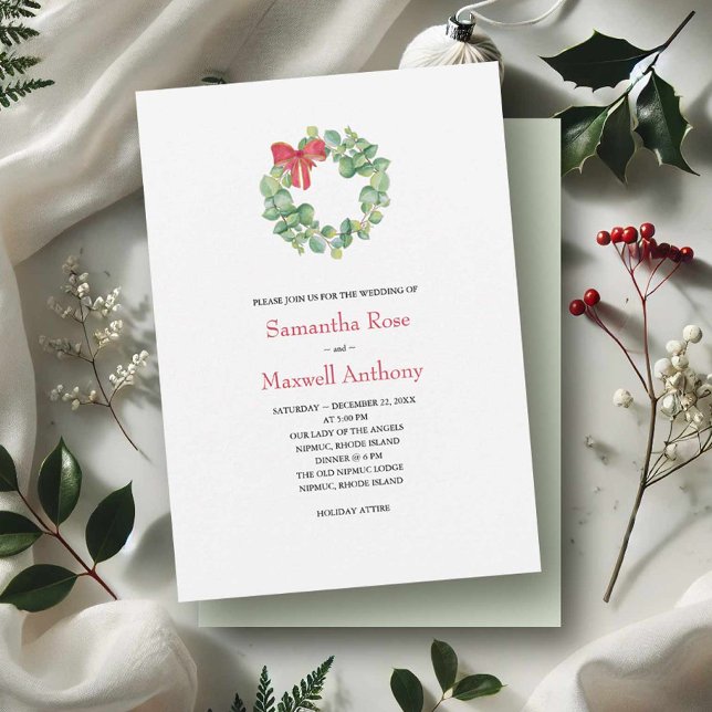Vattenfärg Eucalyptus Utandning Bröllop Inbjudningar (Winter wedding invitations watercolor eucalyptus & red bow wreath by Victoria Grigaliunas VG Invites)
