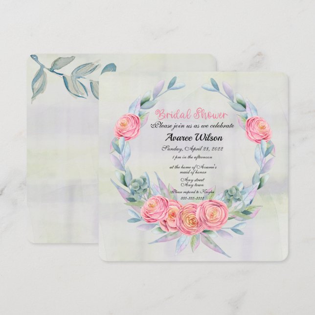 Vattenfärg Eucalyptus Utandning och Rosa ros Inbjudningar (Fram/baksida)
