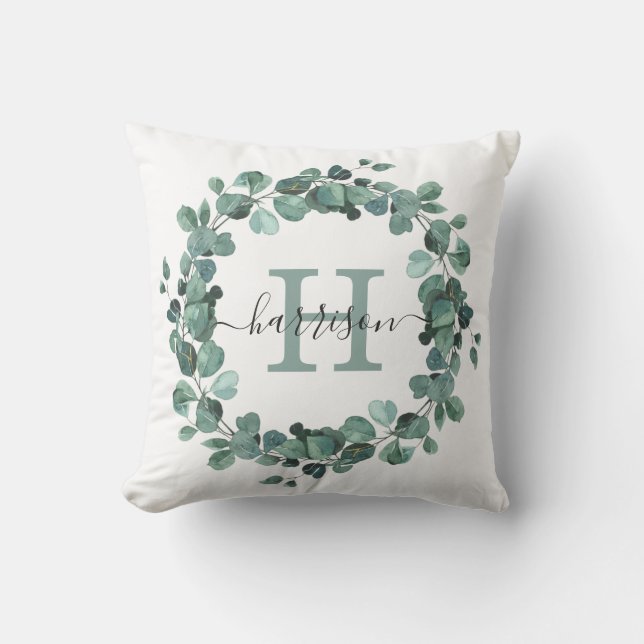 Vattenfärg Eucalyptus Utandningsenergin Monogram Kudde (Framsida)
