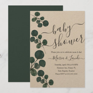 Vattenfärg Eukalyptus Grön Baby Shower Kraft Inbjudningar
