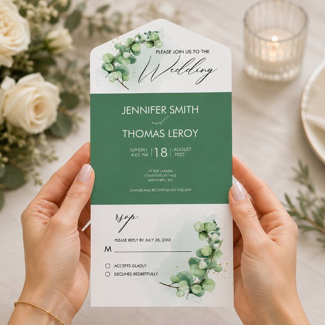 Vattenfärg Eukalyptus Grön Bröllop med RSVP  (Watercolor Eucalyptus Green Wedding with RSVP All In One Invitation, Wedding Announcement)