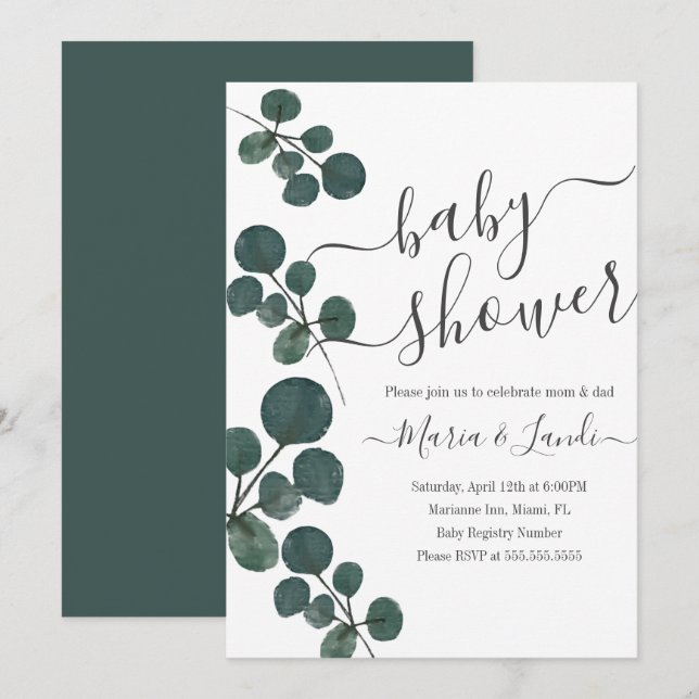 Vattenfärg Eukalyptus Grön Skript Baby Shower Inbjudningar (Fram/baksida)