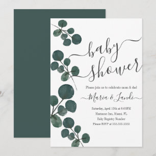 Vattenfärg Eukalyptus Grön Skript Baby Shower Inbjudningar