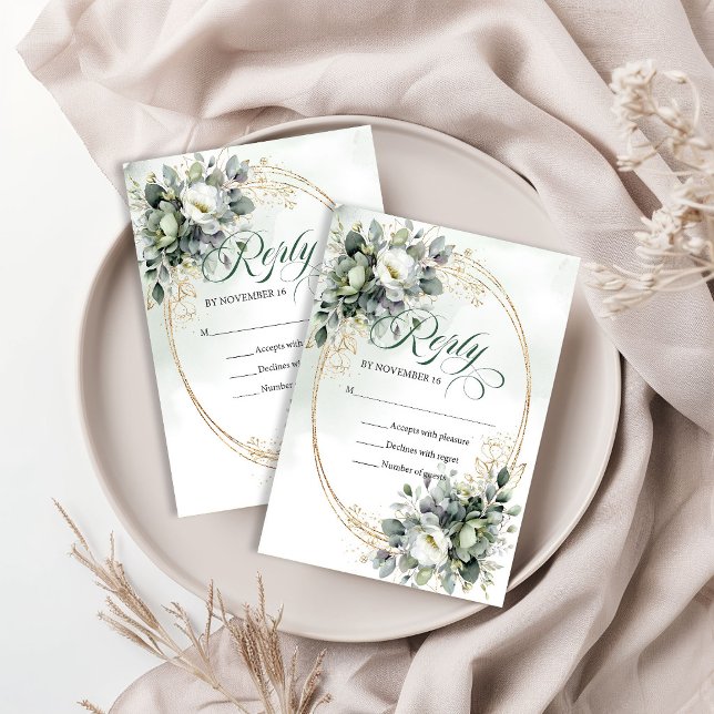 Vattenfärg Eukalyptus Grön Vit Bröllop RSVP  OSA Kort (Watercolor Eucalyptus Green White Wedding RSVP Card)