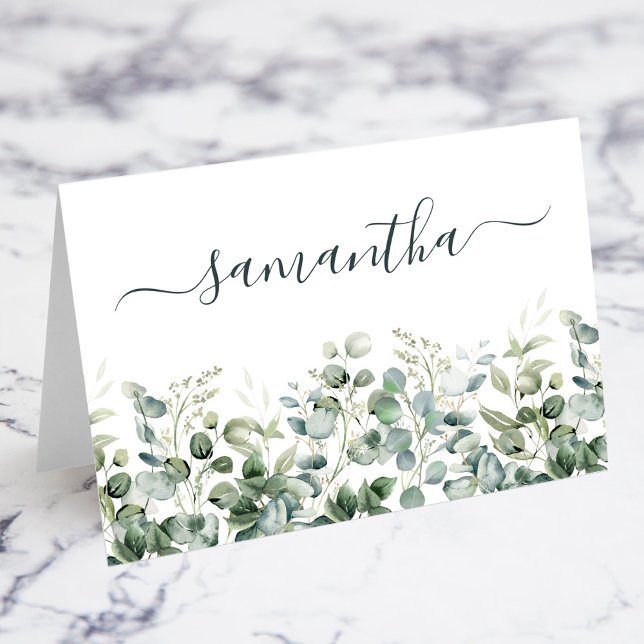 Vattenfärg Eukalyptus Grönska Platskort Bordsnummer (Watercolor Eucalyptus Greenery Individual Place Card)