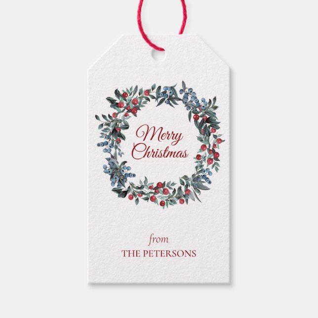 Vattenfärg Evergreen Red Blue Berries Utandning Presentetikett (Framsidan)