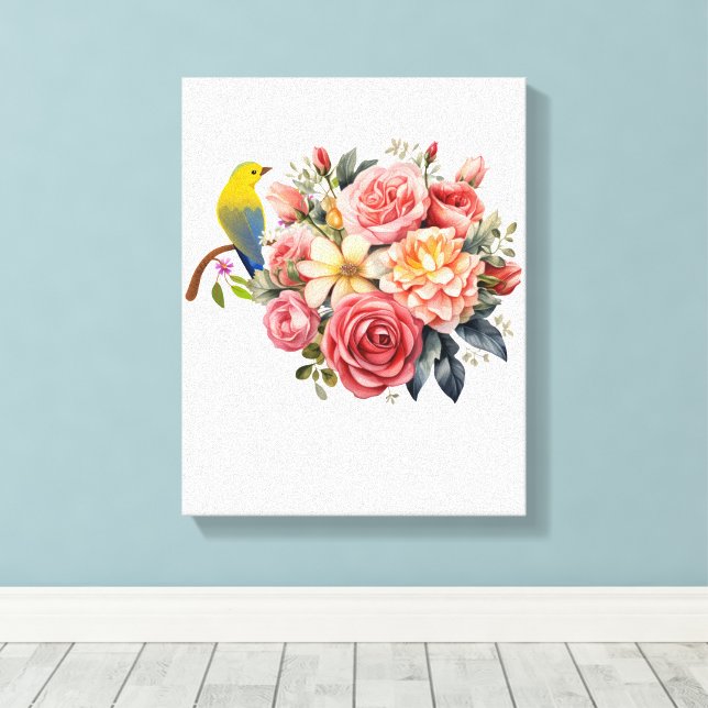 Vattenfärg Fågel och Rosa Blommor Canvastryck (Insitu (trägolv))