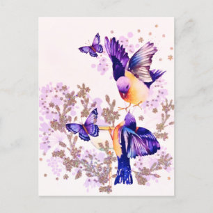 Vattenfärg Fåglar Blommig Lila Glitter Helg Vykort