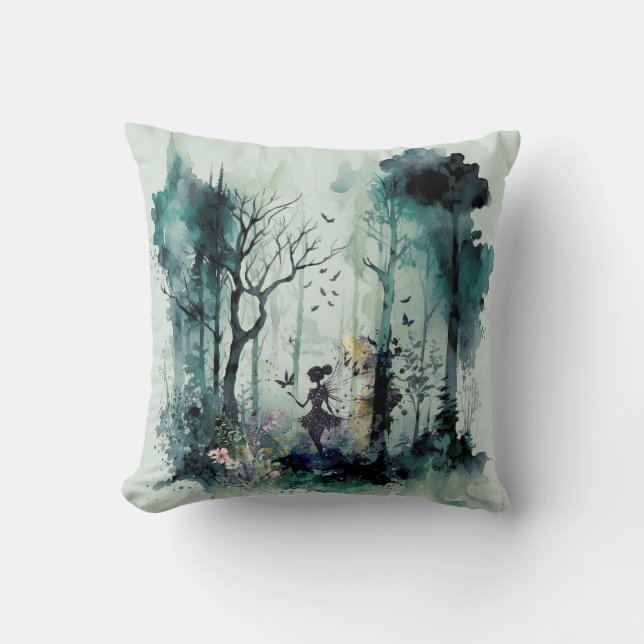 Vattenfärg Fairy i Forest Kudde (Framsida)