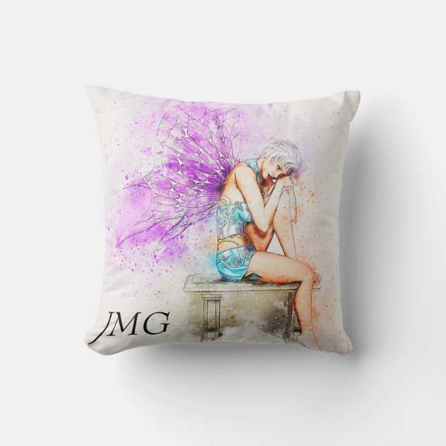 Vattenfärg Fairy in Blue med Monogram Kudde (Framsida)