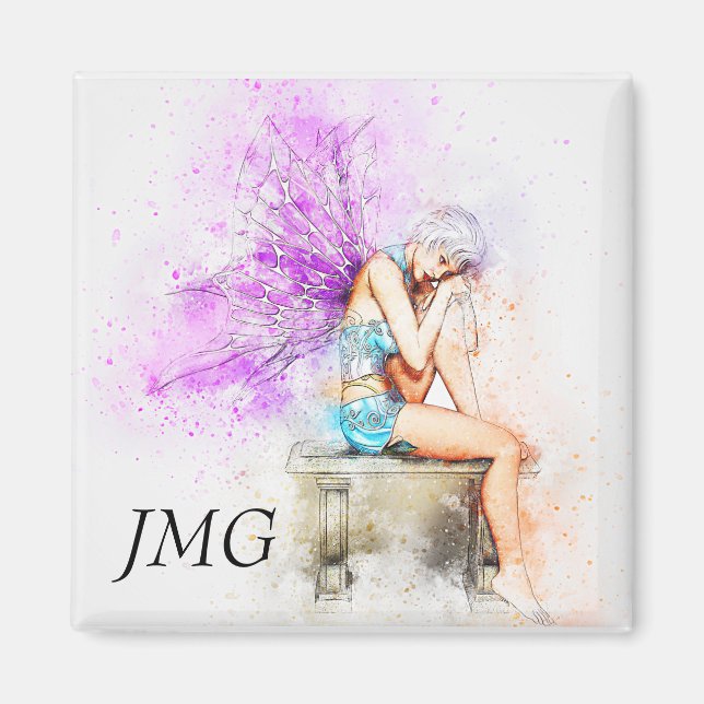 Vattenfärg Fairy in Blue med Monogram Magnet (Framsidan)