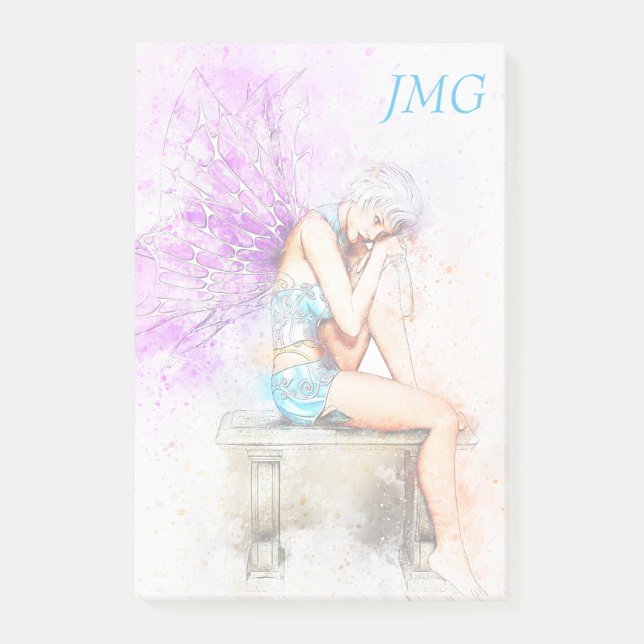 Vattenfärg Fairy in Blue med Monogram Post-it Block (Framsida)