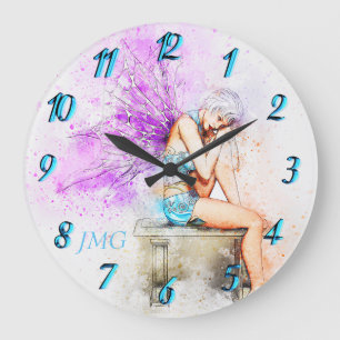 Vattenfärg Fairy in Blue med Monogram Stor Klocka