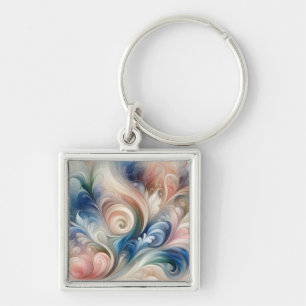 Vattenfärg Fantasy-Blommigt Pastel Blue & Cream Fyrkantig Silverfärgad Nyckelring