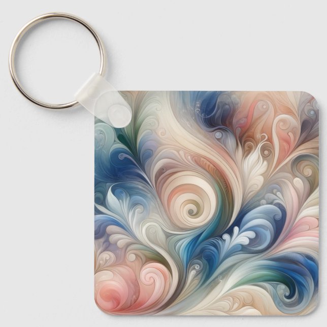 Vattenfärg Fantasy-Blommigt Pastel Blue & Cream Nyckelring (Framsida)