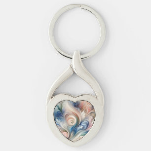 Vattenfärg Fantasy-Blommigt Pastel Blue & Cream Twisted Heart Silverfärgad Nyckelring
