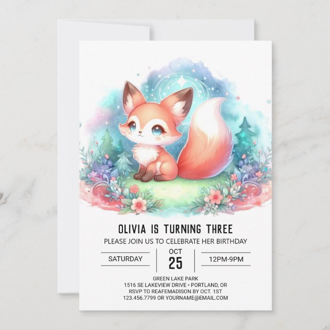 Vattenfärg Fantasy Fox Birthday digital Inbjudningar (Framsida)