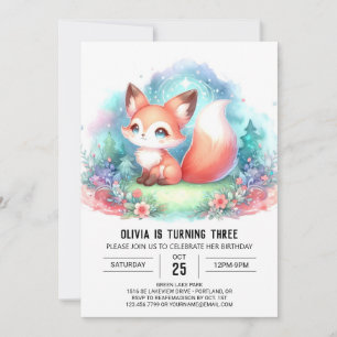 Vattenfärg Fantasy Fox Birthday digital Inbjudningar