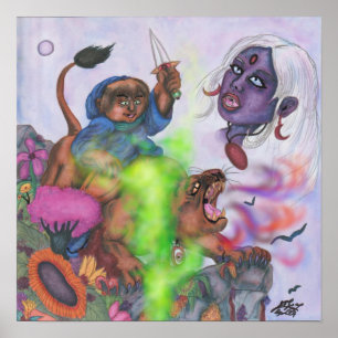 Vattenfärg Fantasy Kärlek Eros ridning Lioness Lej Poster
