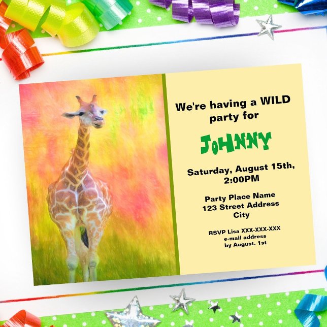 Vattenfärg Färgglad Giraff Födelsedagsinbjudan Inbjudningar (Sweet invitation for some wild fun! )