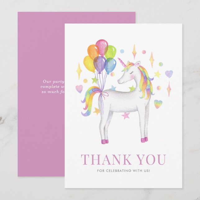 Vattenfärg Färgglada Regnbåge Enhörning Barnkalas Tack Kort (Fram/baksida)