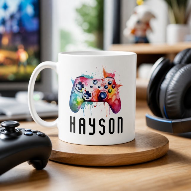 Vattenfärg Färgrik spelkontroller Barnnamn Kaffemugg (Watercolor Colorful Gamer Controller Kids Name Coffee Mug
)