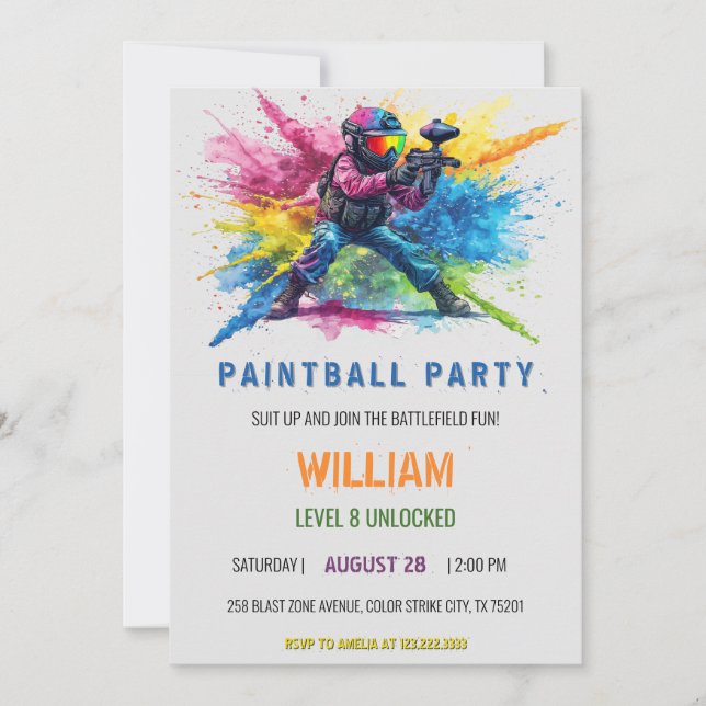 Vattenfärg Färgrik Stänk Paintball Födelsedag Inbjudningar (Framsida)