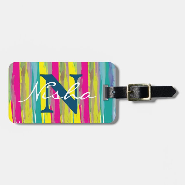 Vattenfärg Färgrik Textur Blå Vit Monogram Bagagebricka (Horisontell Framsida)