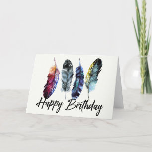 Vattenfärg Feathers Boho Grattis på födelsedagen Kort