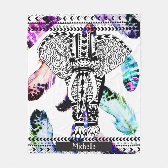 Vattenfärg Feathers Tribal Patterned Elephant Fleecefilt (Framsidan)