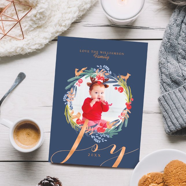 Vattenfärg Festive foliage Utandning och foxfoto Julkort (Watercolor Festive foliage Wreath & Fox Photo Holiday Card)