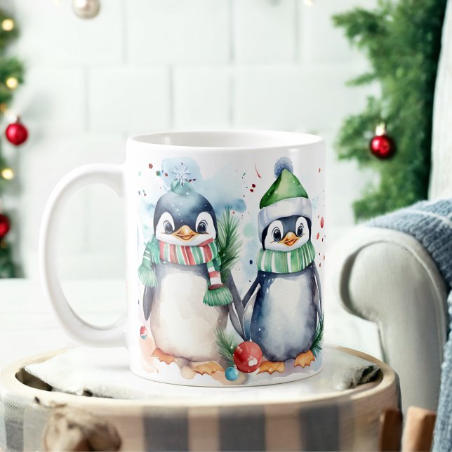 Vattenfärg Festive Penguins jul Mugg (Skapare uppladdad)