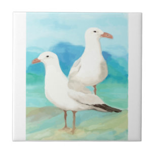 Vattenfärg Fiskmås Gull Beach Bird Art Kakelplatta