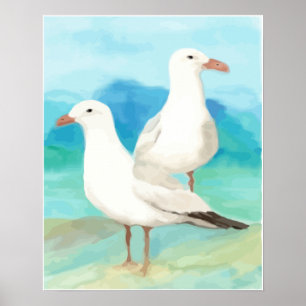 Vattenfärg Fiskmås vid Beach Bird Nature Art Poster