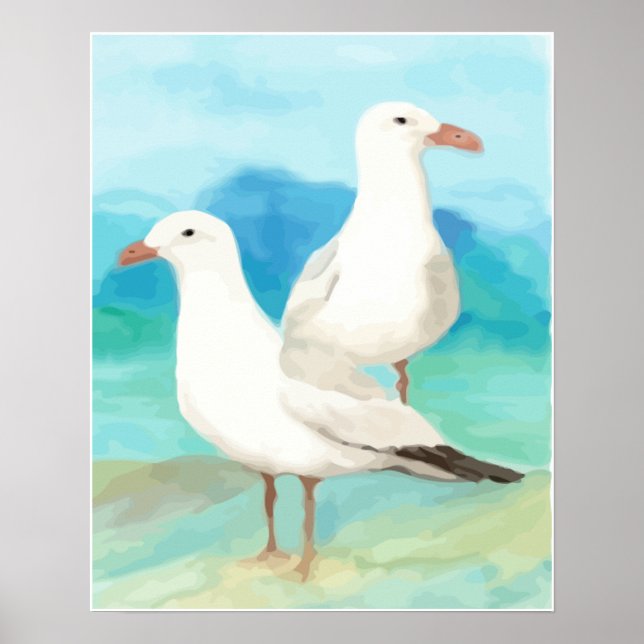 Vattenfärg Fiskmås vid Beach Bird Nature Art Poster (Framsidan)