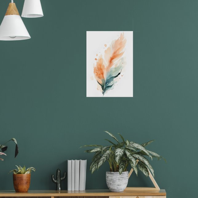 Vattenfärg Fjäder Konsttryck | Boho Orange Teal F Poster (Vardagsrum 1)