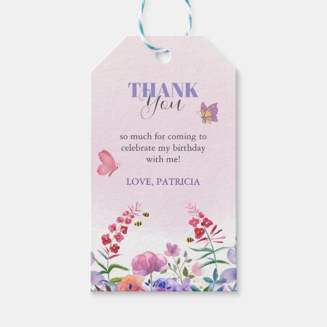 Vattenfärg fjäril bin lila vildblomma förmån presentetikett (Framsidan)