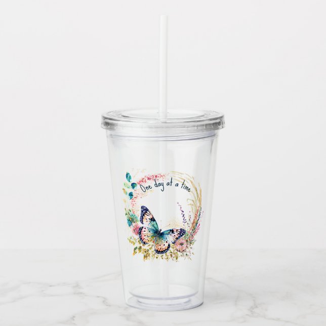 Vattenfärg fjäril blommande anpassad take away mugg (Framsida)
