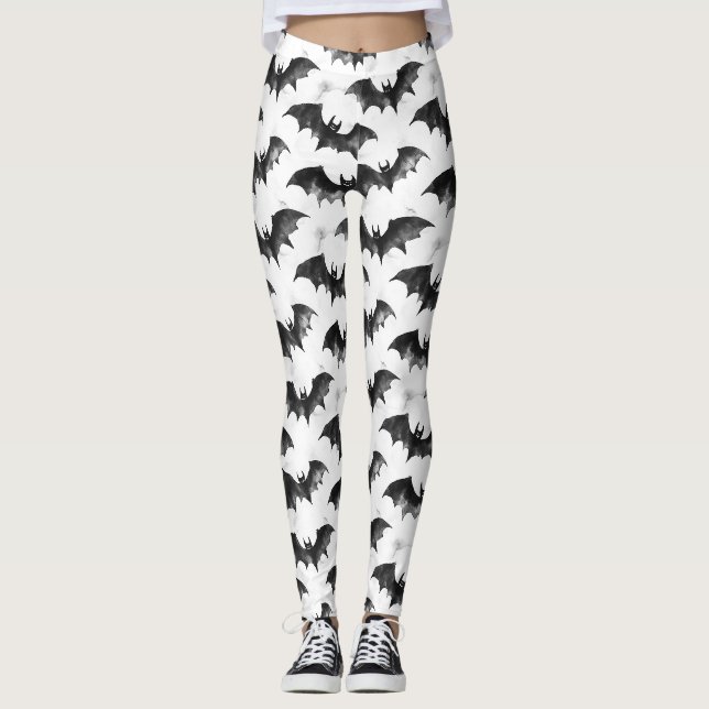 Vattenfärg Fladdermöss i Flykt Halloween Mönster Leggings (Framsida)
