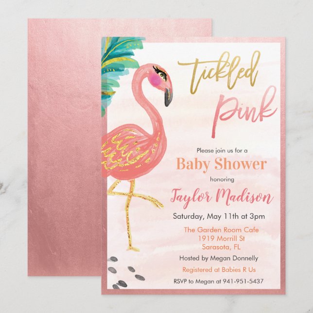 Vattenfärg Flamingo Baby Shower Inbjudan (Fram/baksida)