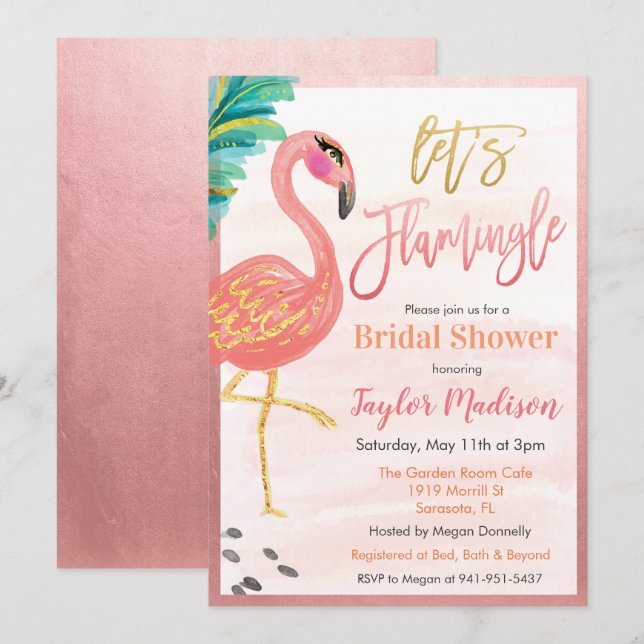 Vattenfärg Flamingo Bröllopsdusch Inbjudan (Fram/baksida)