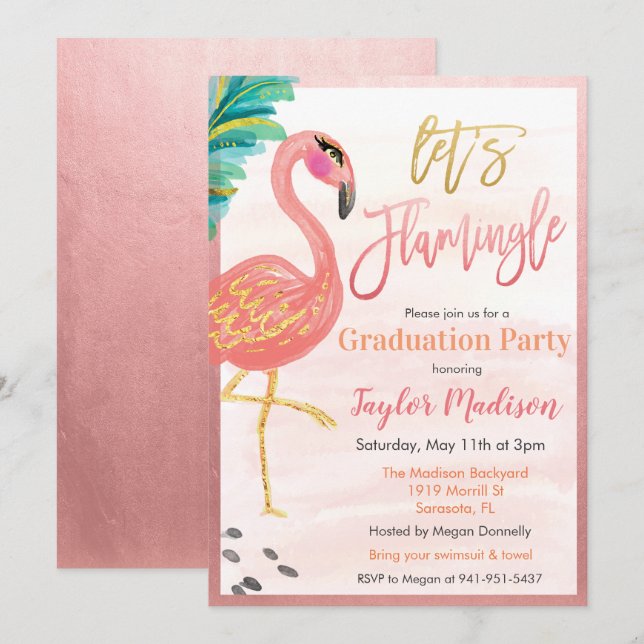 Vattenfärg Flamingo Examen Fest Inbjudan (Fram/baksida)