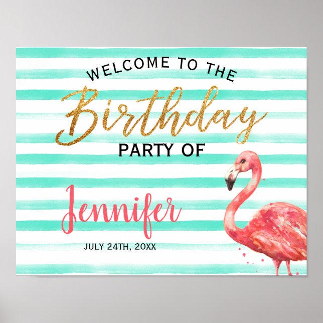 Vattenfärg Flamingo Guld Birthday | Välkomsttecken Poster (Framsidan)